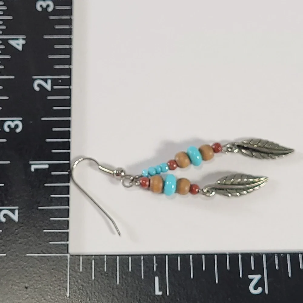 Southwestern Dangle Earrings Turquoise Brown Wood Bead Silver Leaf Boho Jewlery